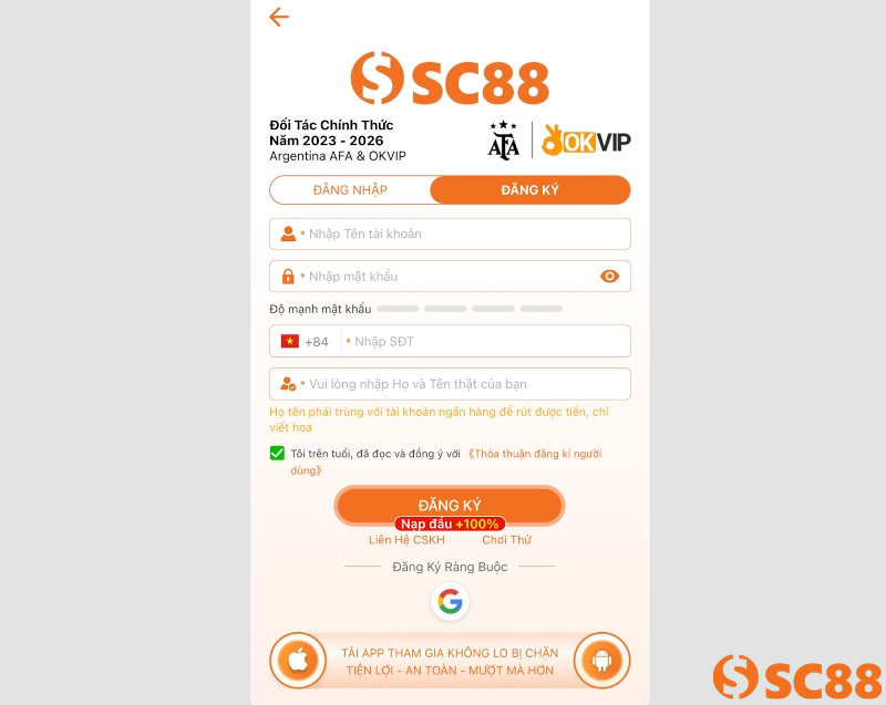 Điền thông tin đăng ký SC88 đúng chính chủ theo yêu cầu nhà cái 