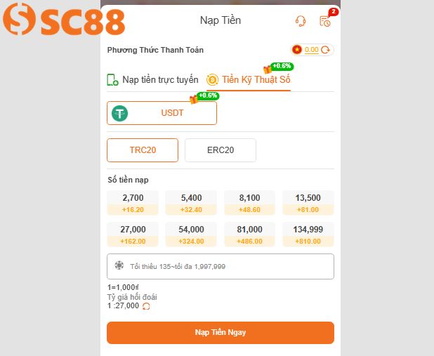 Nạp tiền SC88 qua tiền ảo